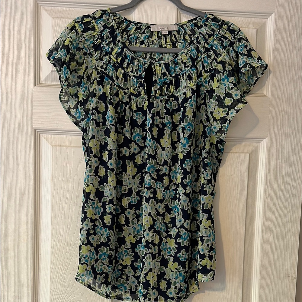 LOFT Black and Green Smocked Blouse with Flutter Sleeves